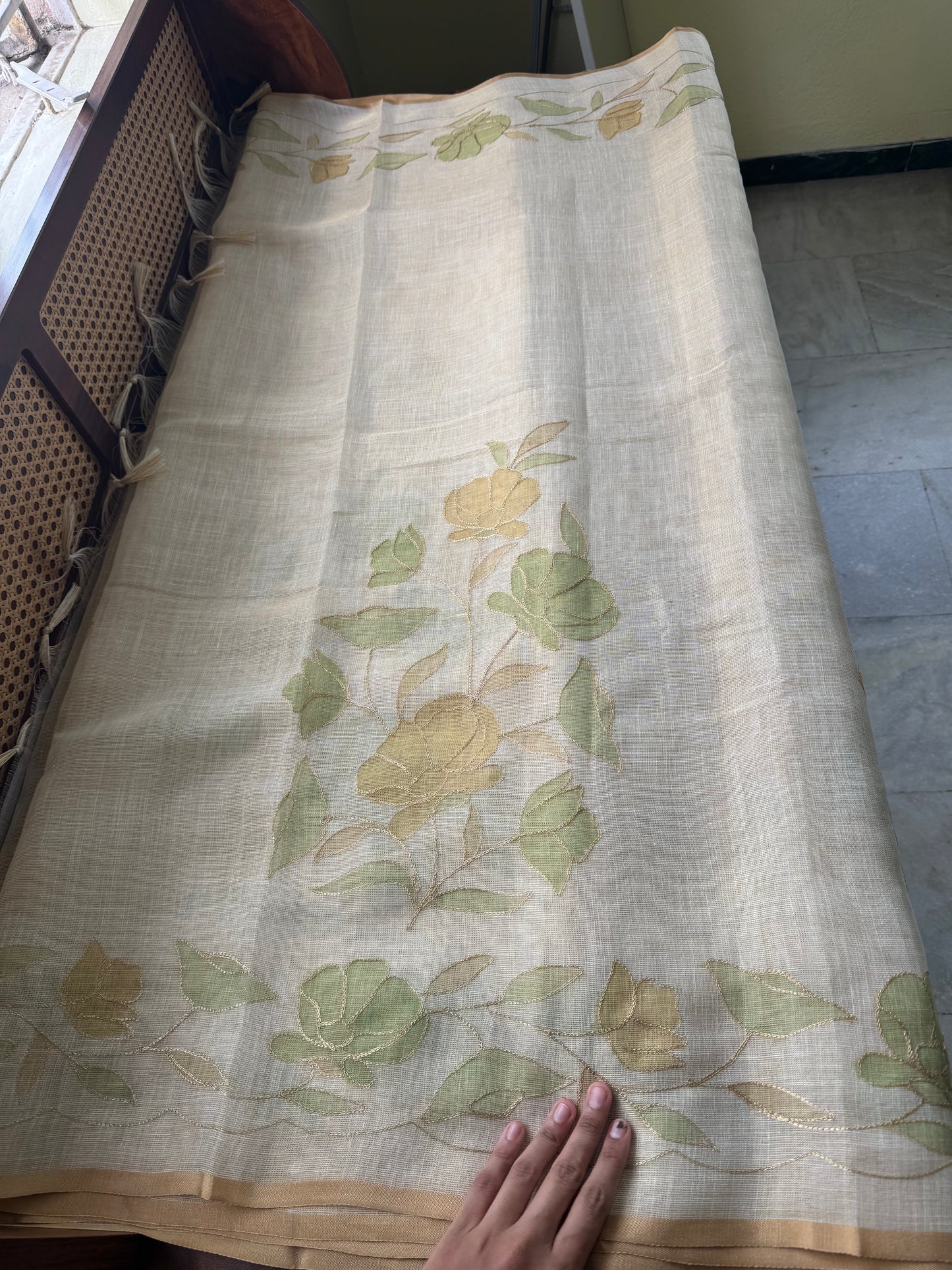 Tissue Linen Saree with Aari work - Beige & Green