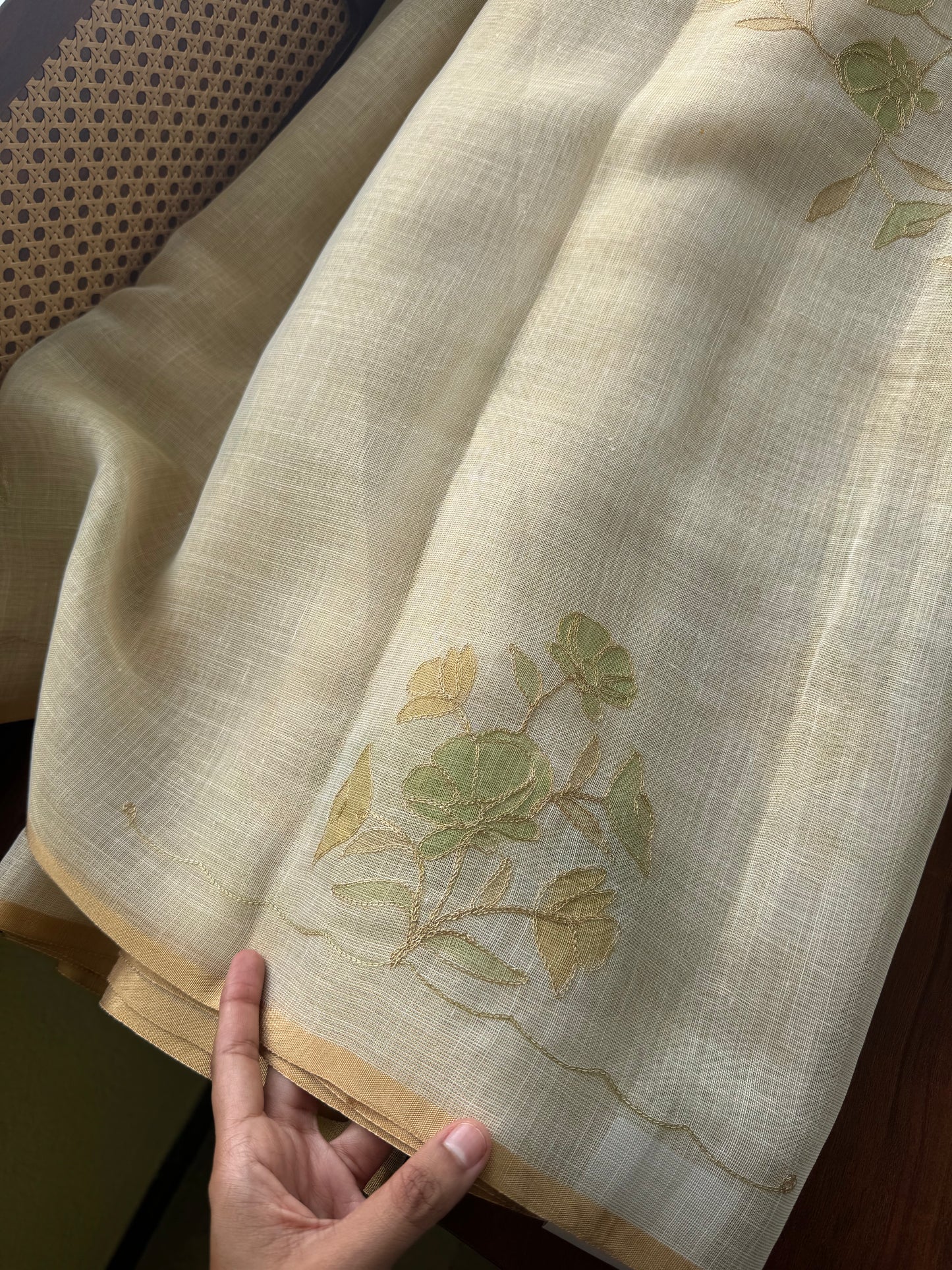 Tissue Linen Saree with Aari work - Beige & Green