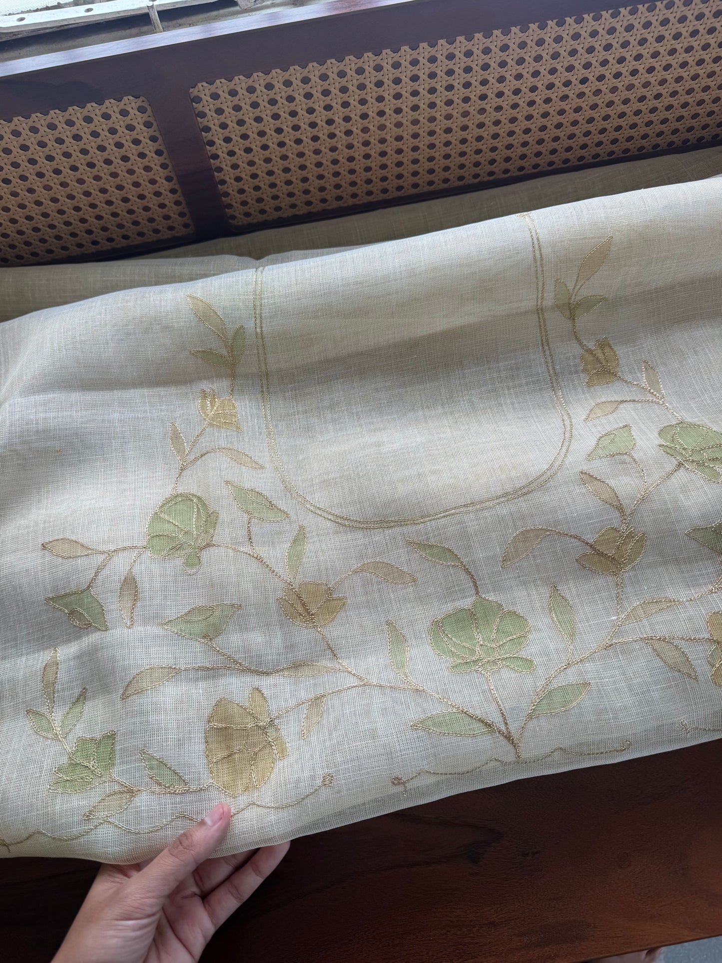 Tissue Linen Saree with Aari work - Beige & Green