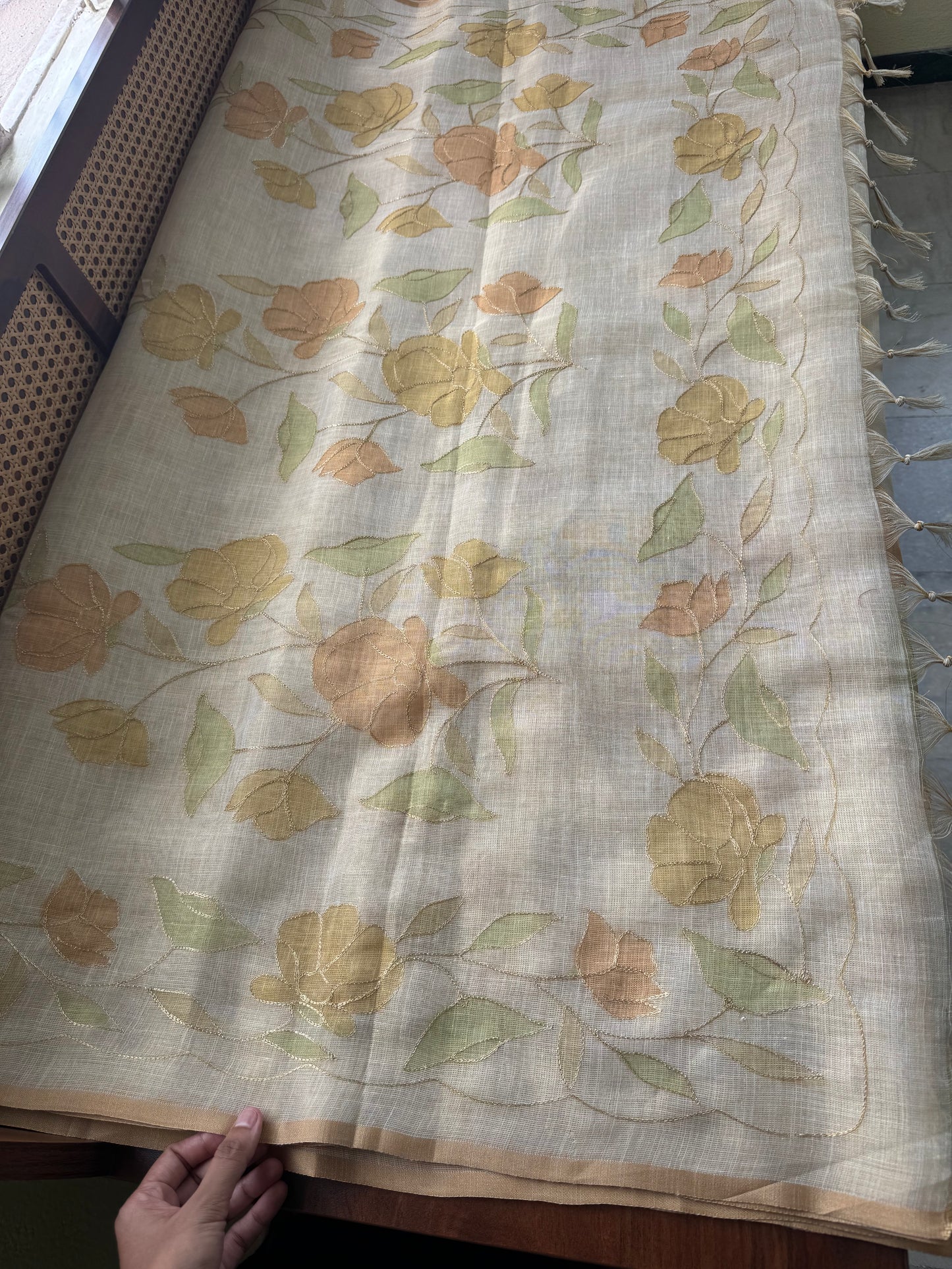 Tissue Linen Saree with Aari work - Beige & Yellow