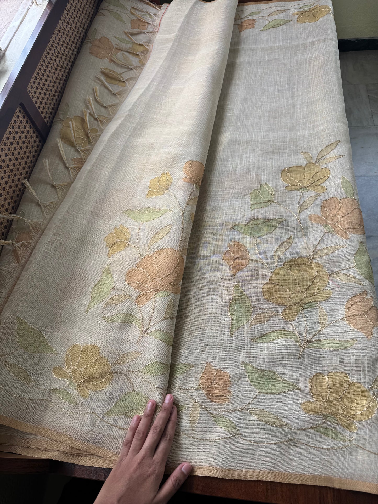 Tissue Linen Saree with Aari work - Beige & Yellow