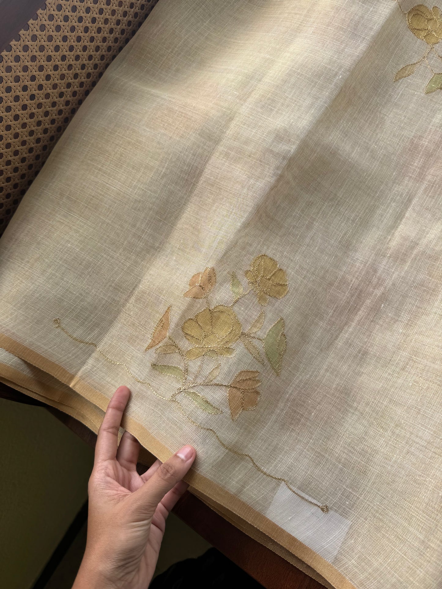 Tissue Linen Saree with Aari work - Beige & Yellow