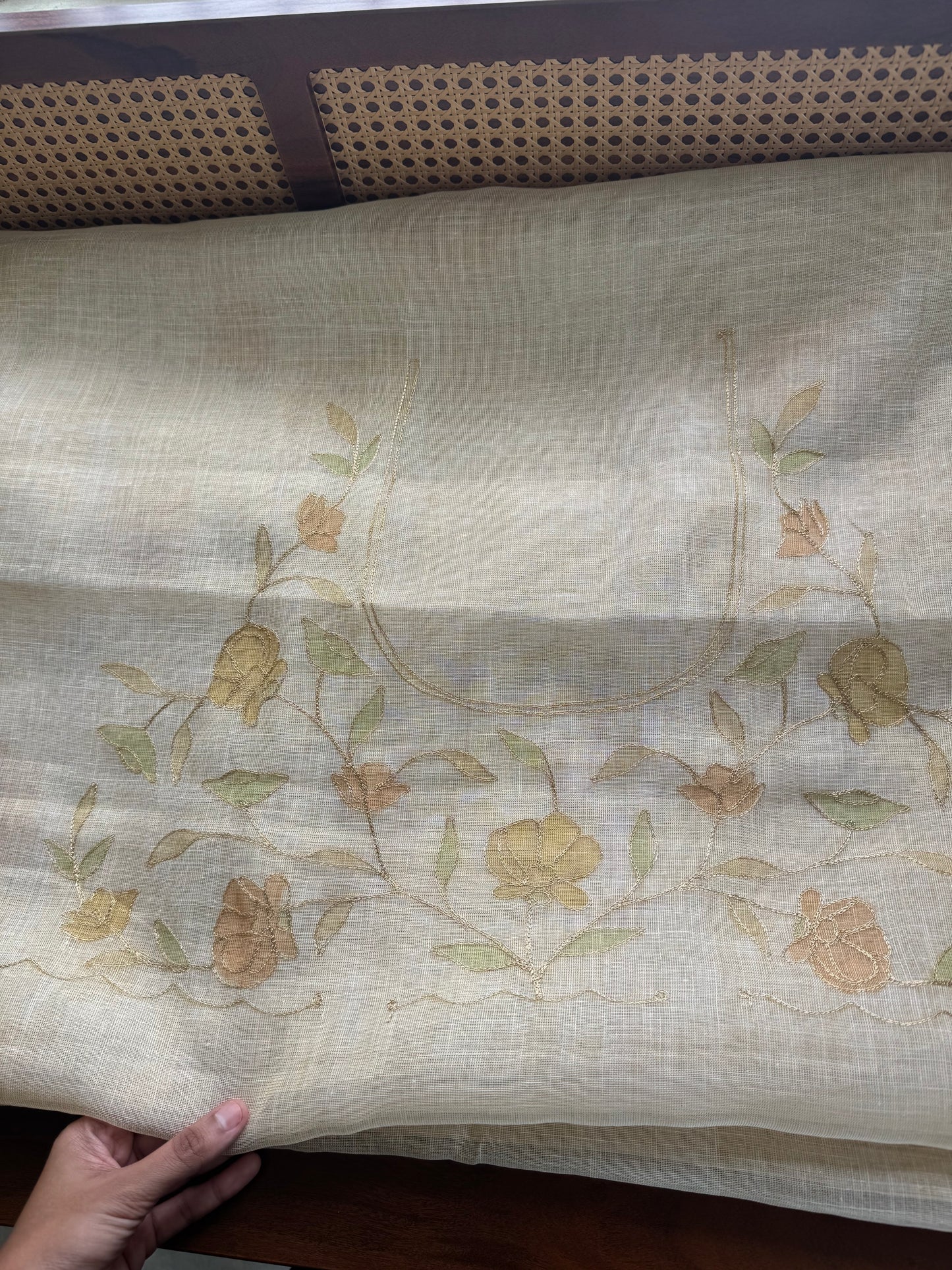 Tissue Linen Saree with Aari work - Beige & Yellow