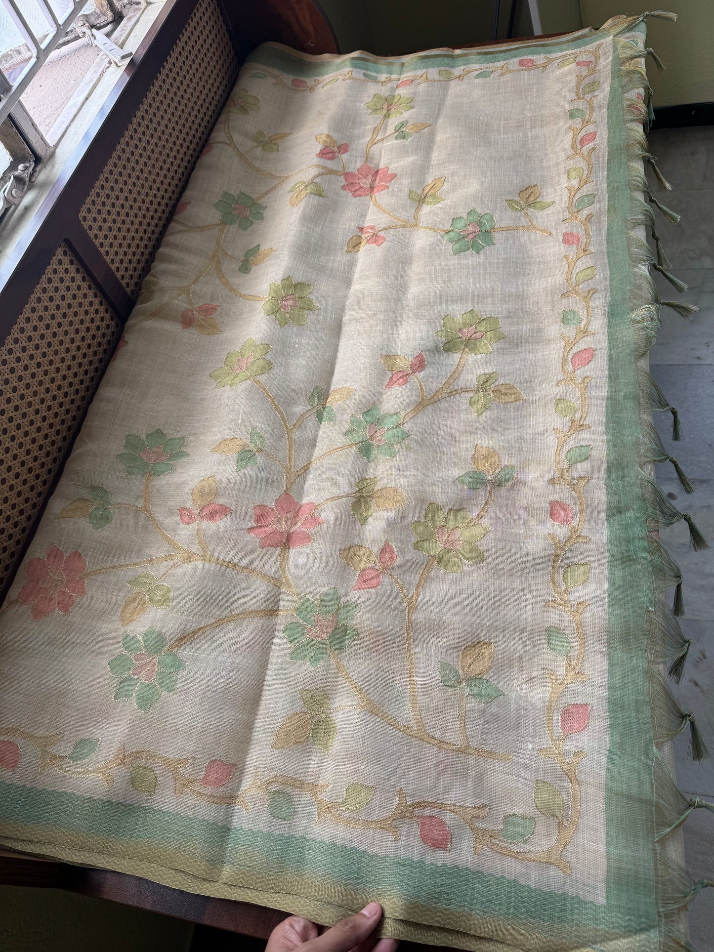 Tissue Linen Saree with Aari work - Beige & Green