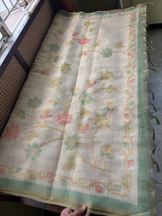 Tissue Linen Saree with Aari work - Beige & Green