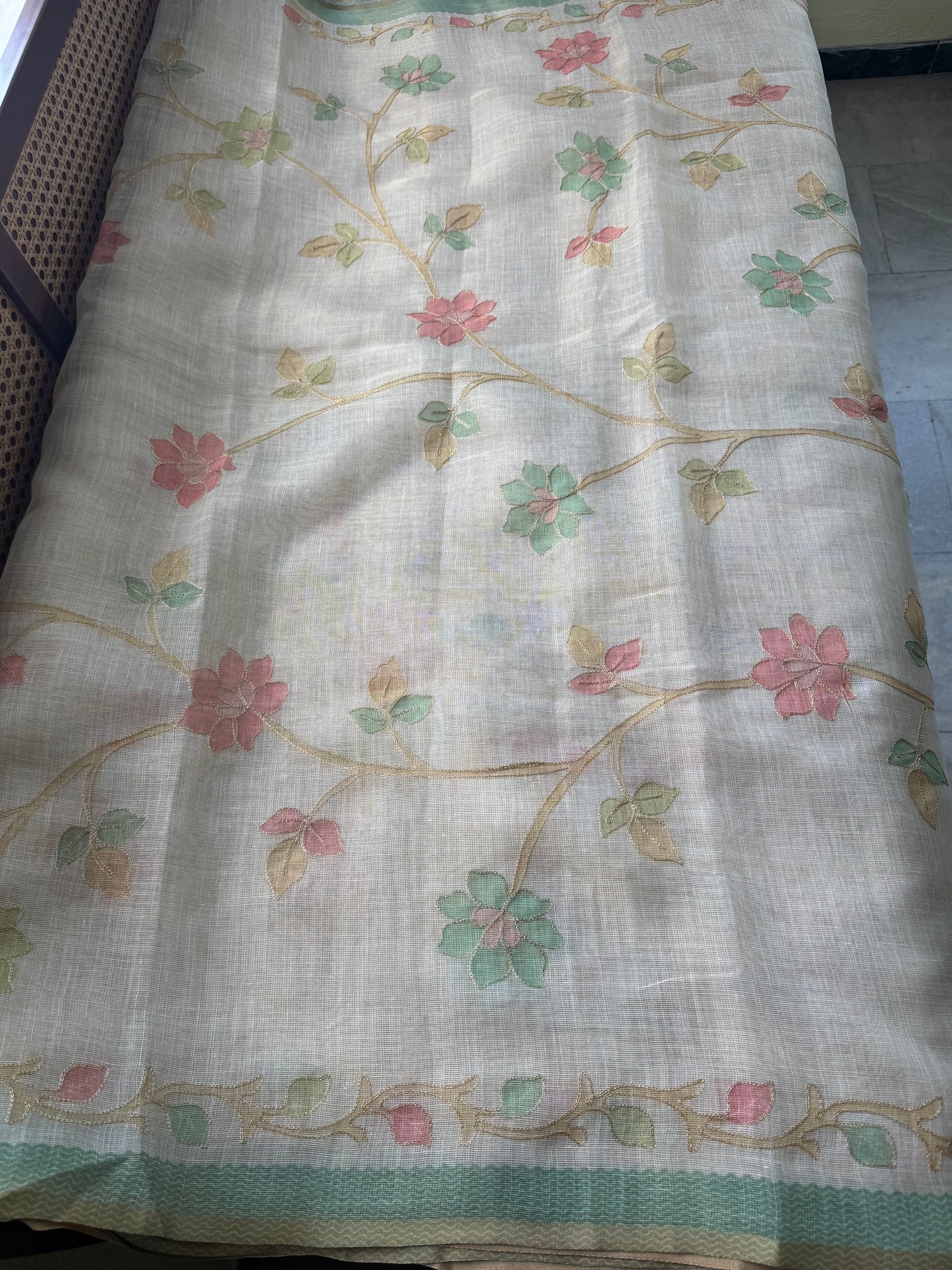 Tissue Linen Saree with Aari work - Beige & Green