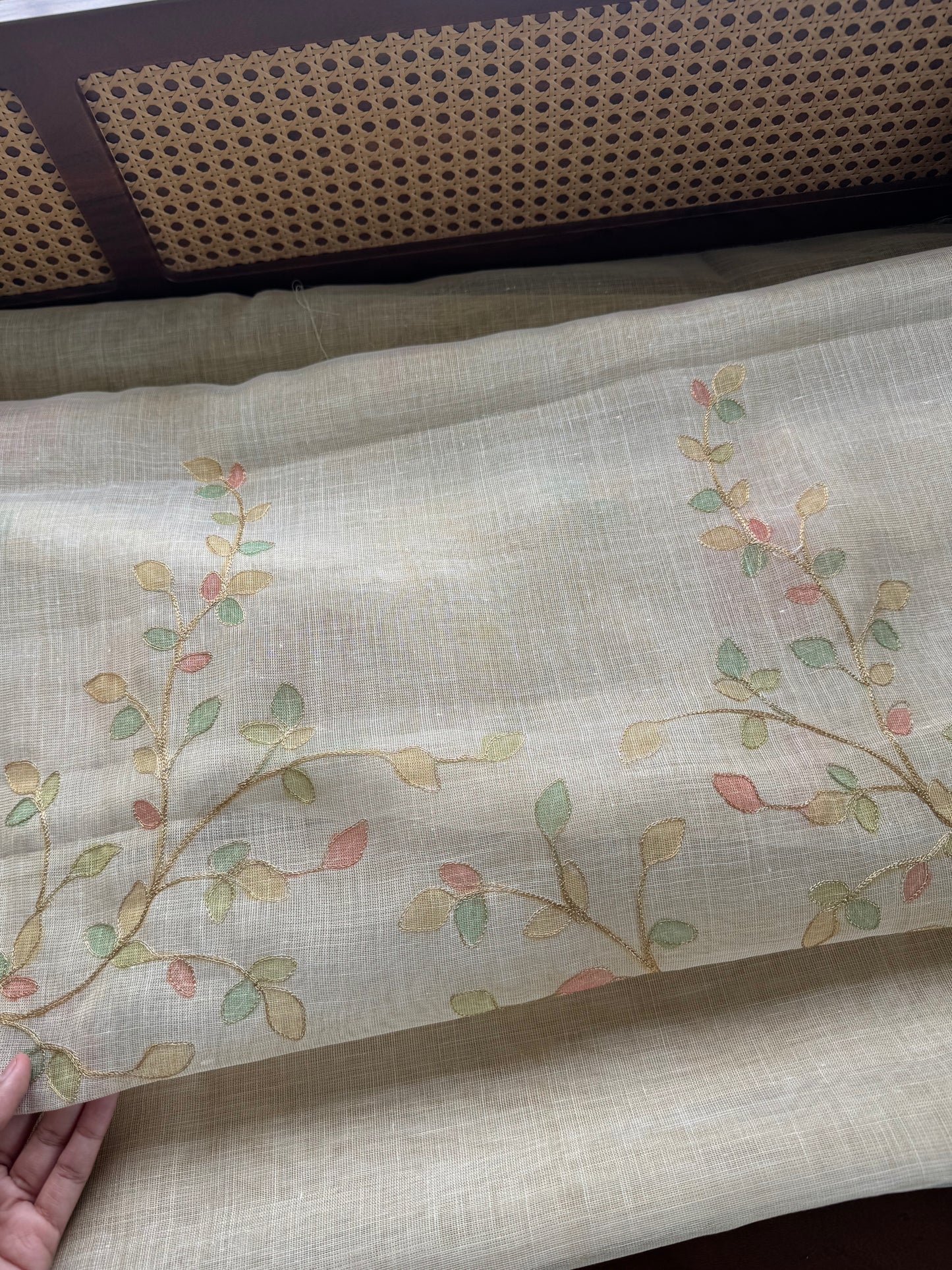 Tissue Linen Saree with Aari work - Beige & Green