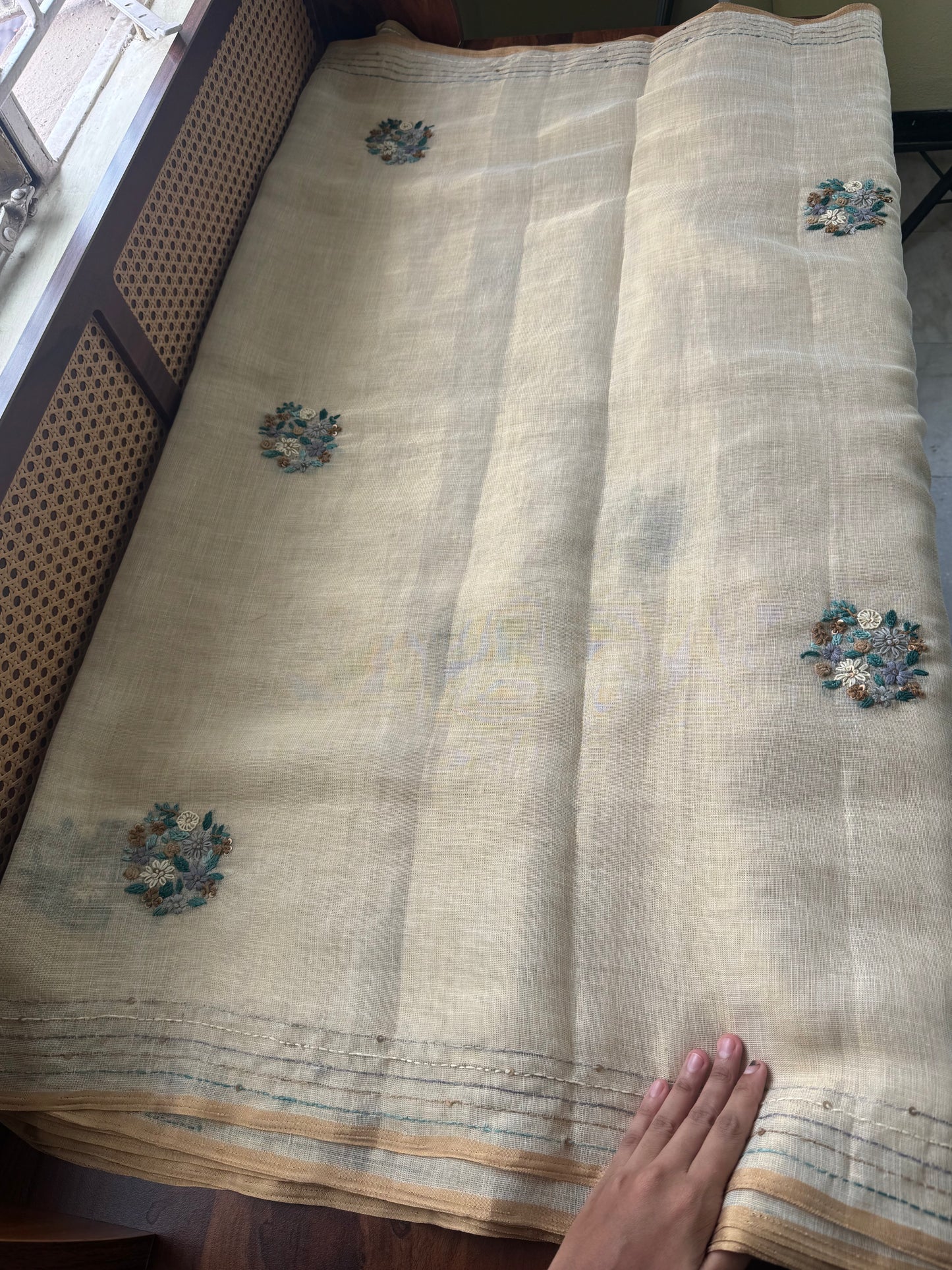 Premium Tissue Linen Sarees - Beige & Blue