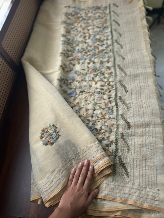 Premium Tissue Linen Sarees - Beige & Green