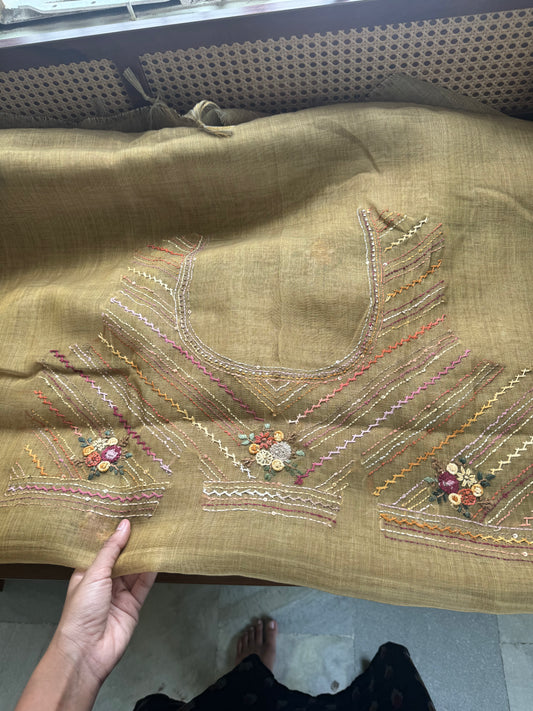 Premium Tissue Linen Sarees with heavy blouse - Henna Green