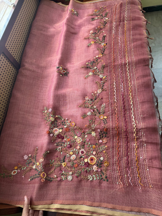 Premium Tissue Linen Sarees with heavy blouse - Pink