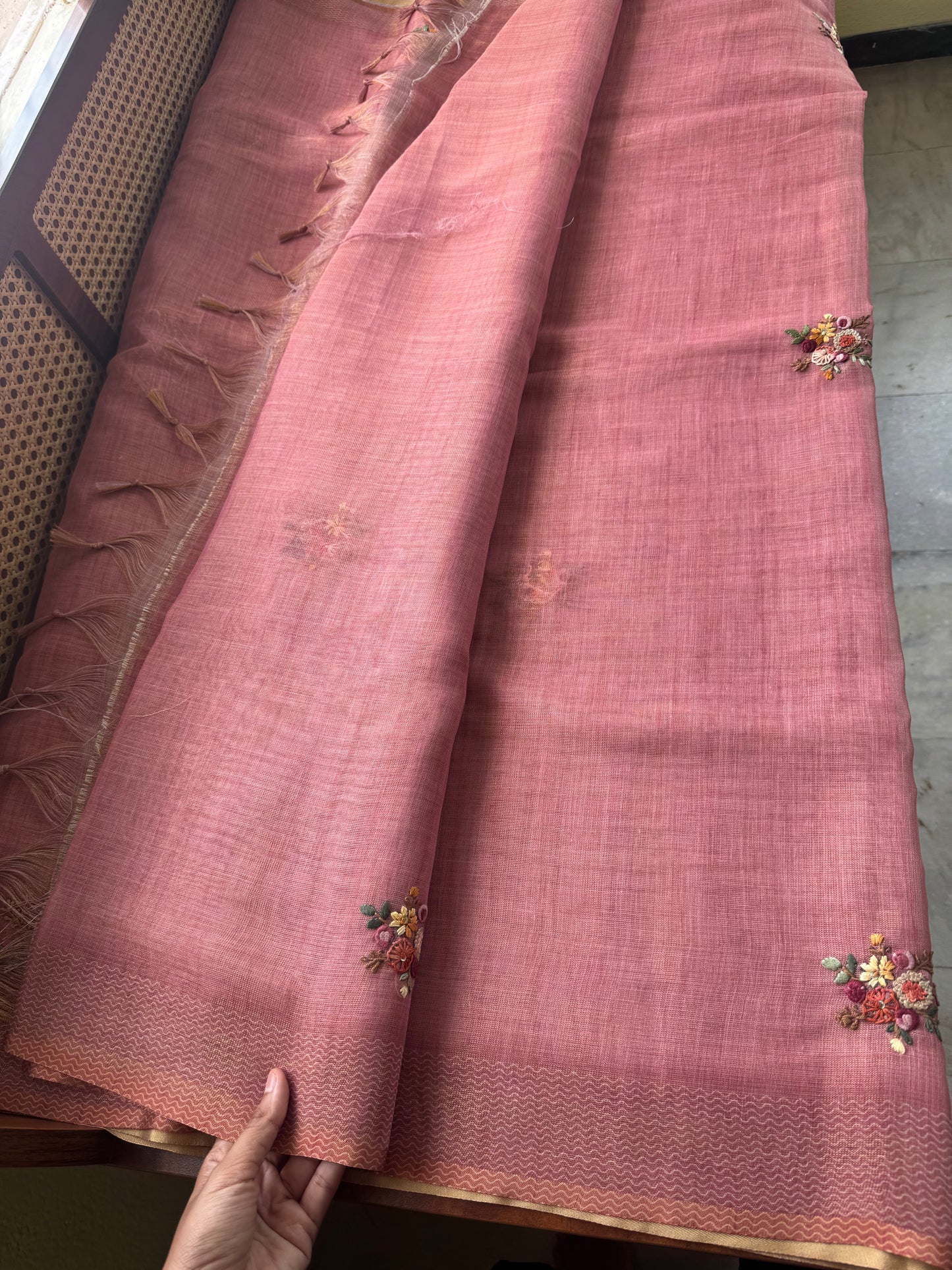 Premium Tissue Linen Sarees with heavy blouse - Pink
