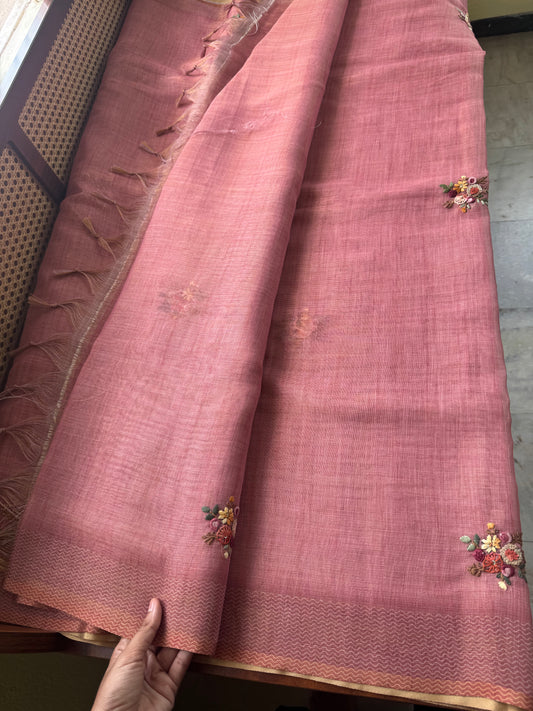 Premium Tissue Linen Sarees with heavy blouse - Pink