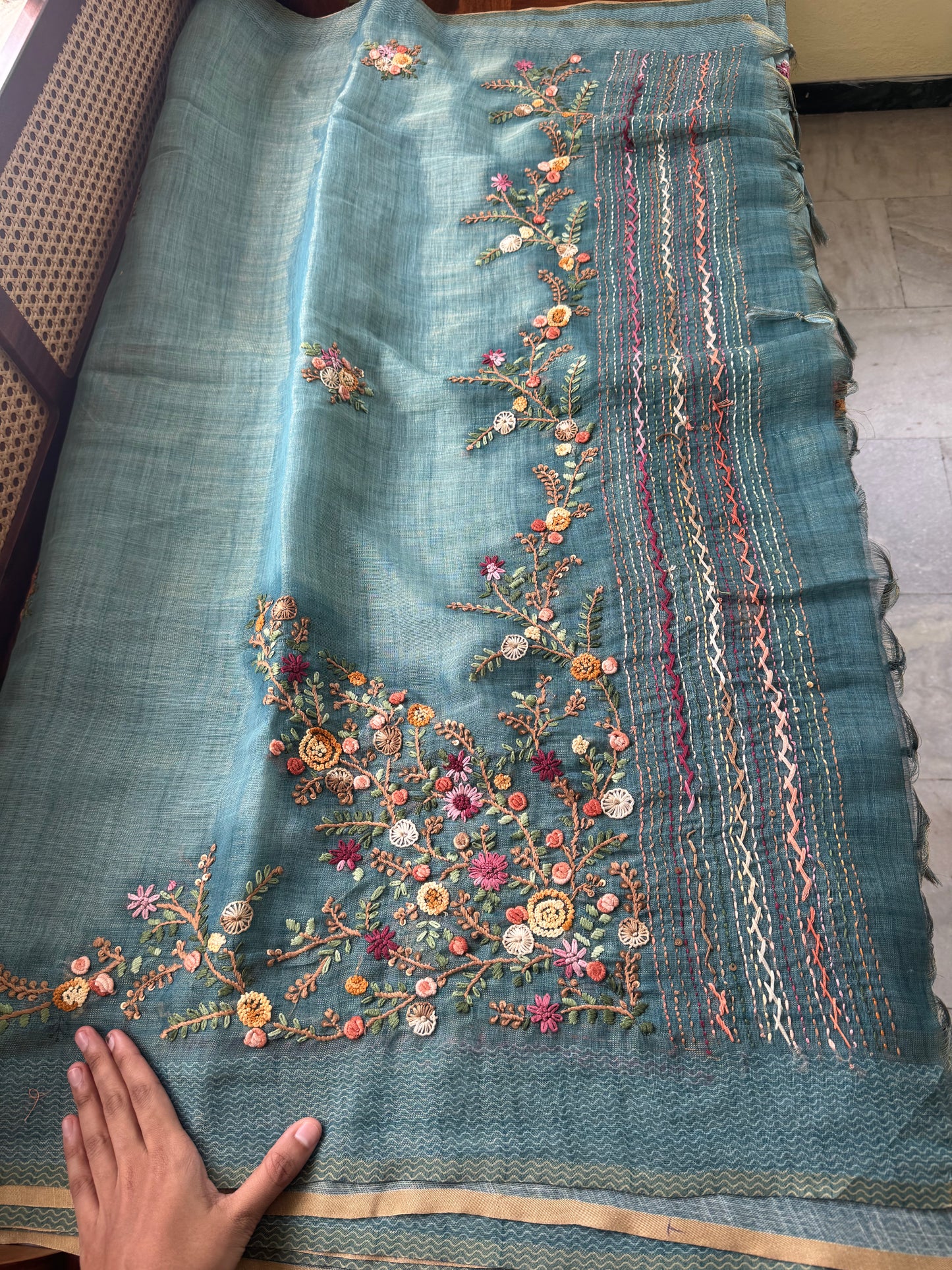Premium Tissue Linen Sarees with heavy blouse - Blue