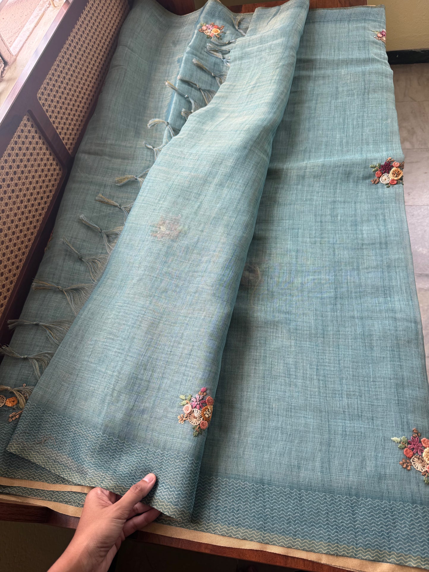 Premium Tissue Linen Sarees with heavy blouse - Blue