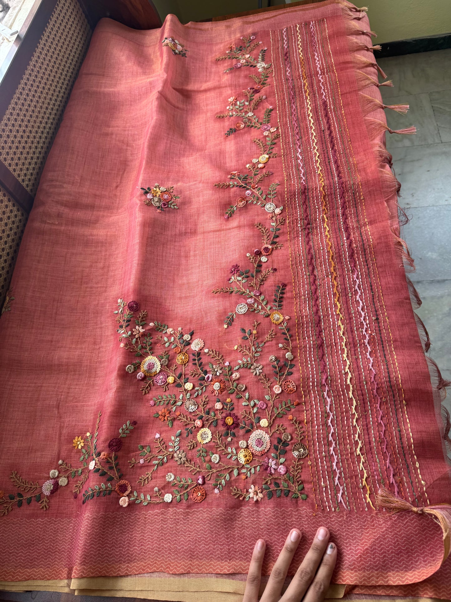 Premium Tissue Linen Sarees with heavy blouse - Peach