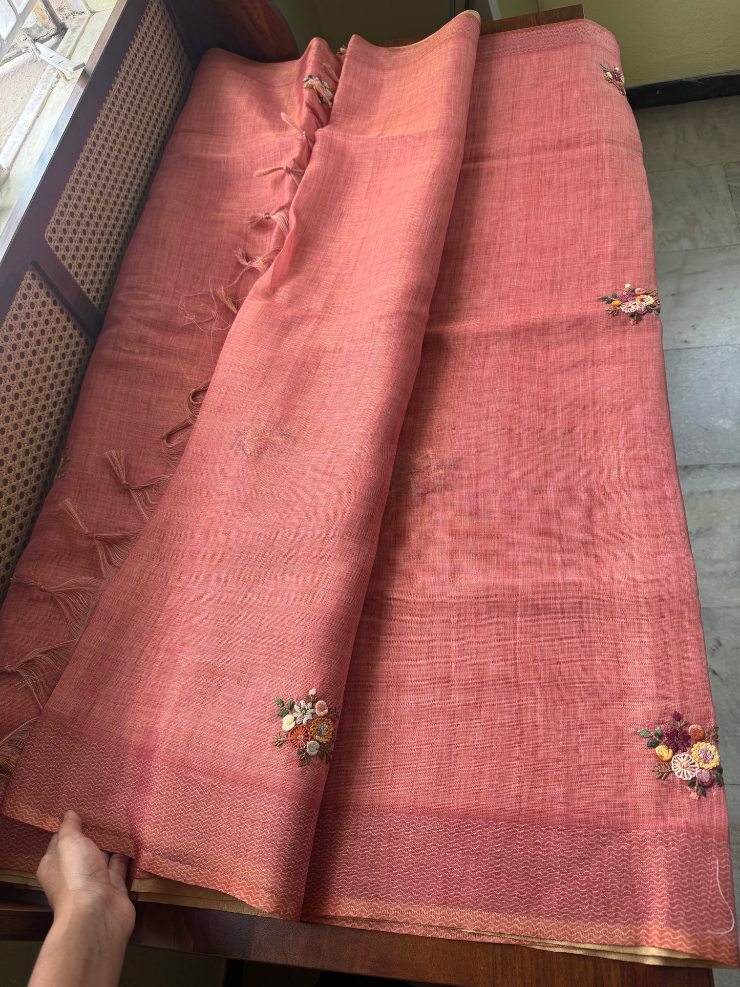 Premium Tissue Linen Sarees with heavy blouse - Peach