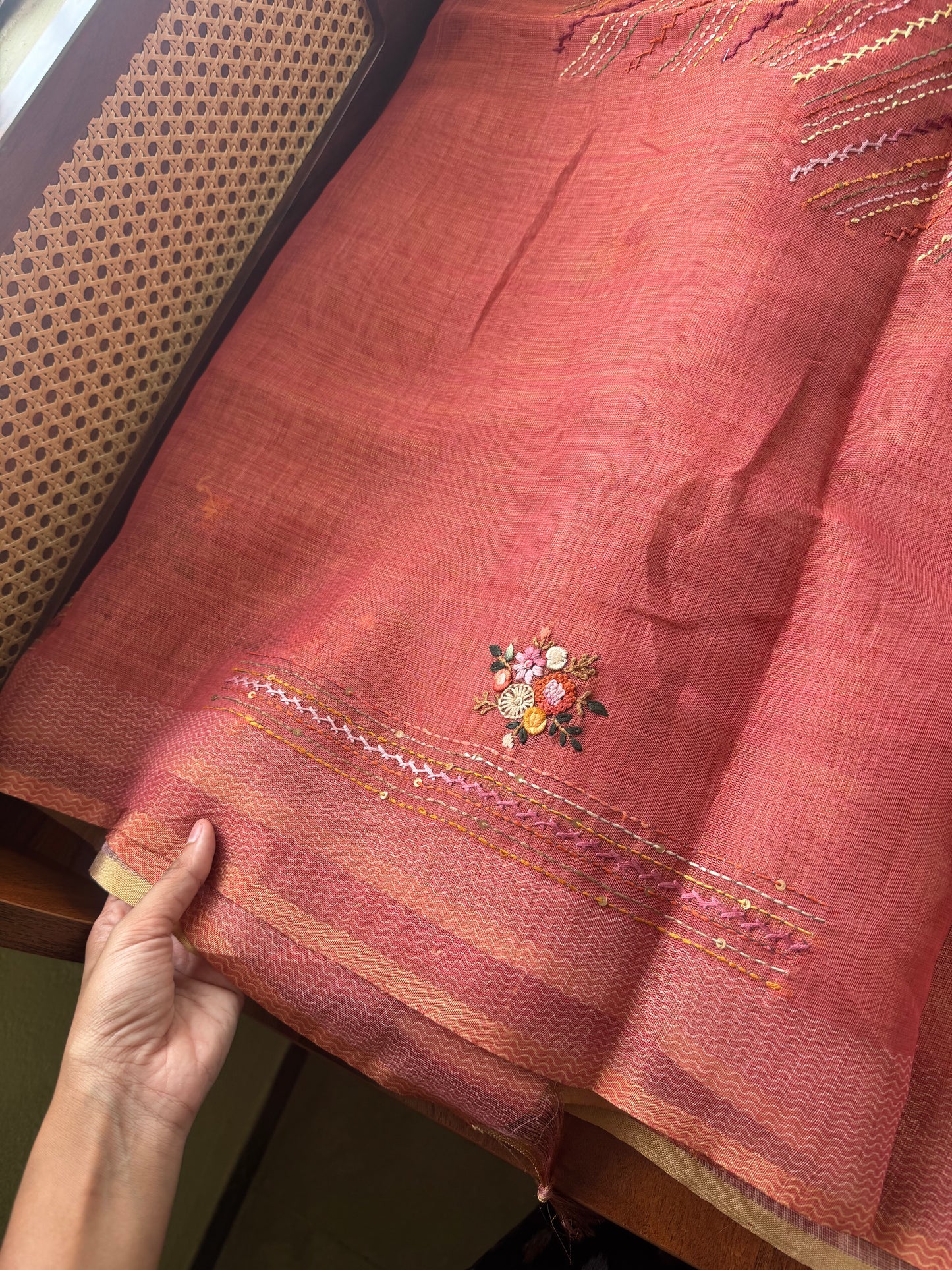 Premium Tissue Linen Sarees with heavy blouse - Peach