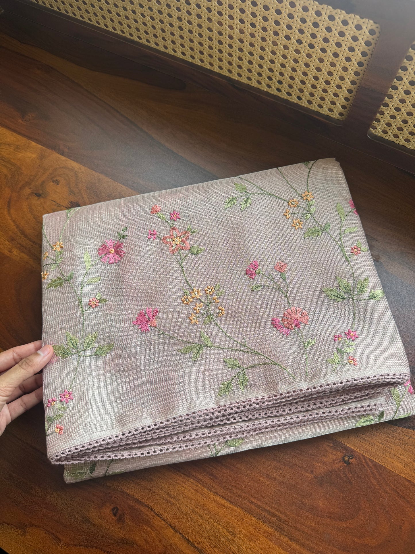 Floral Tissue Saree -Metallic Pink