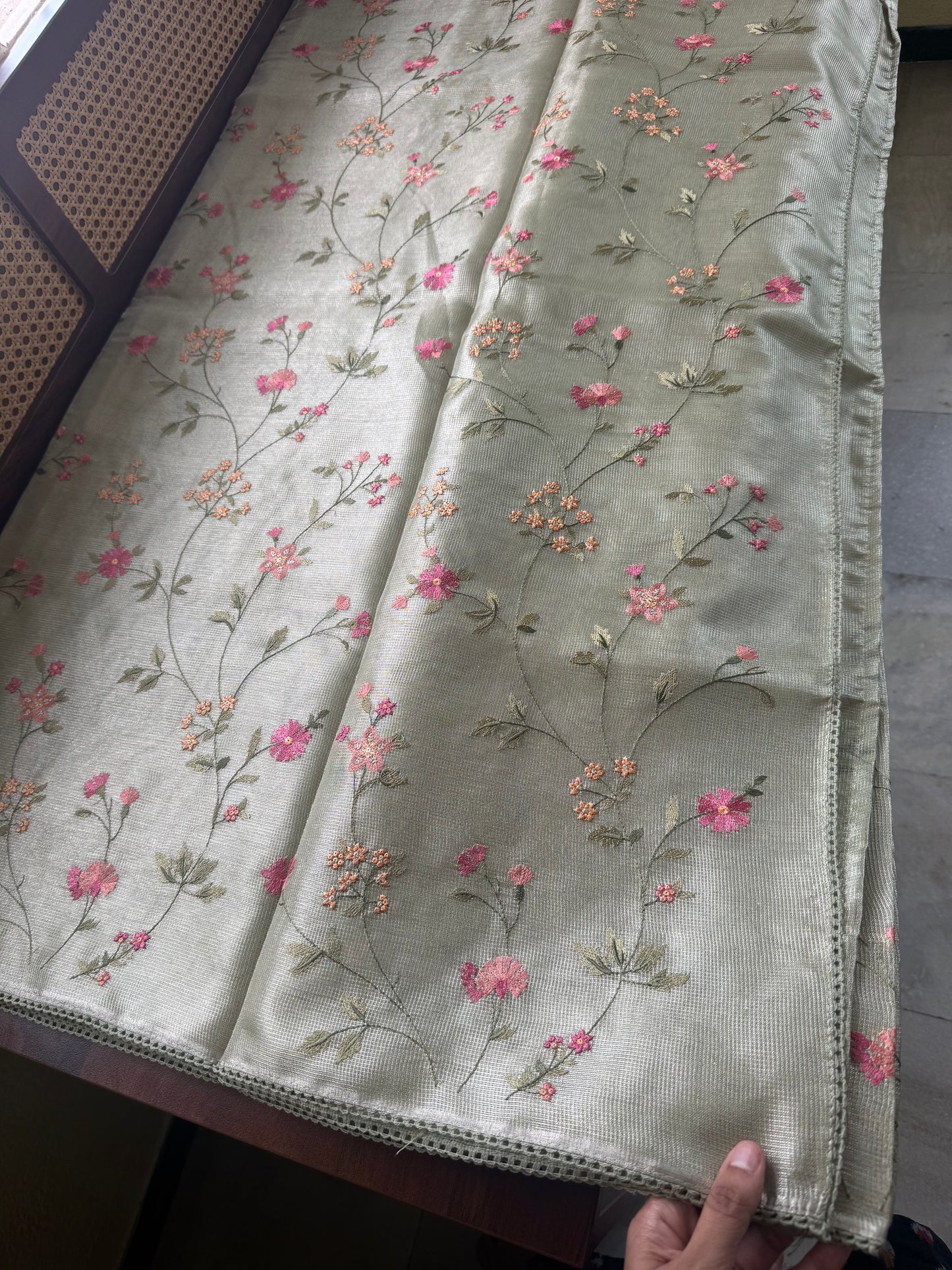 Floral Tissue Saree -Metallic Green