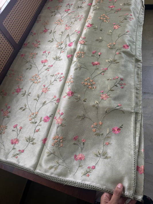 Floral Tissue Saree -Metallic Green
