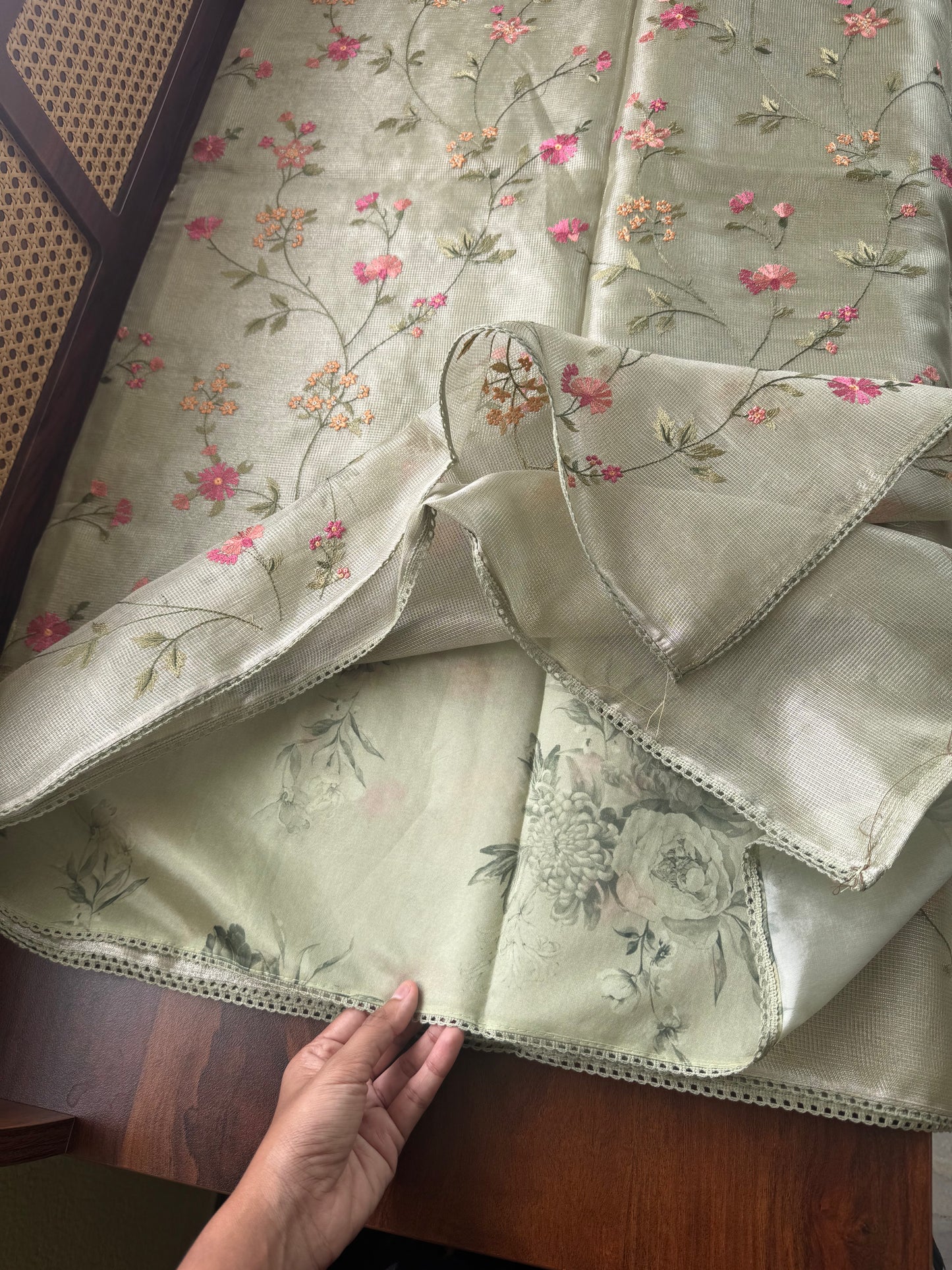 Floral Tissue Saree -Metallic Green
