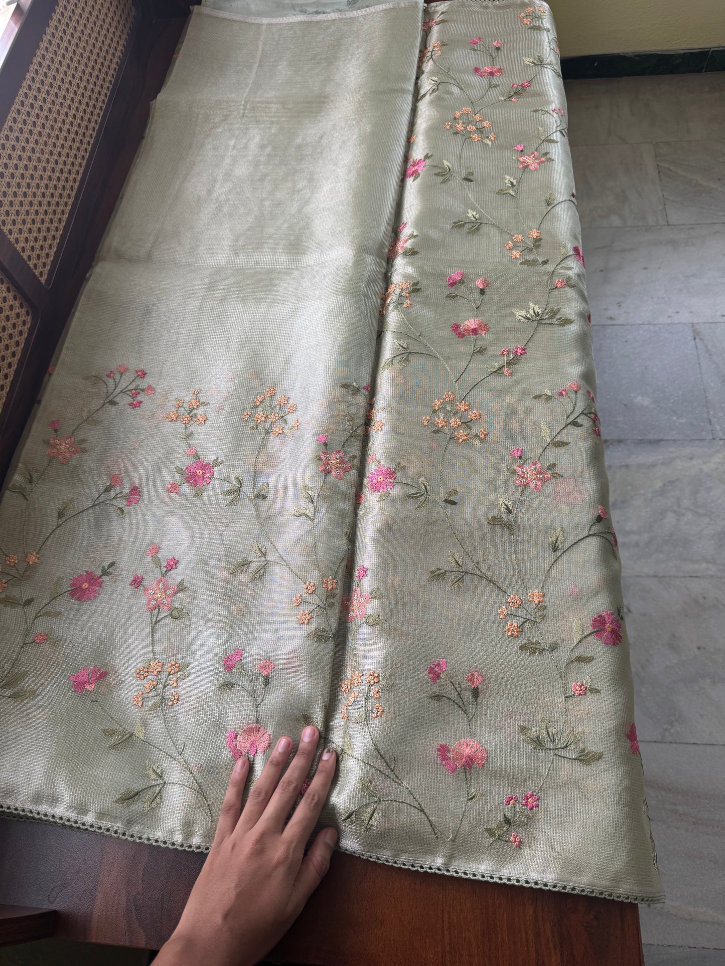 Floral Tissue Saree -Metallic Green
