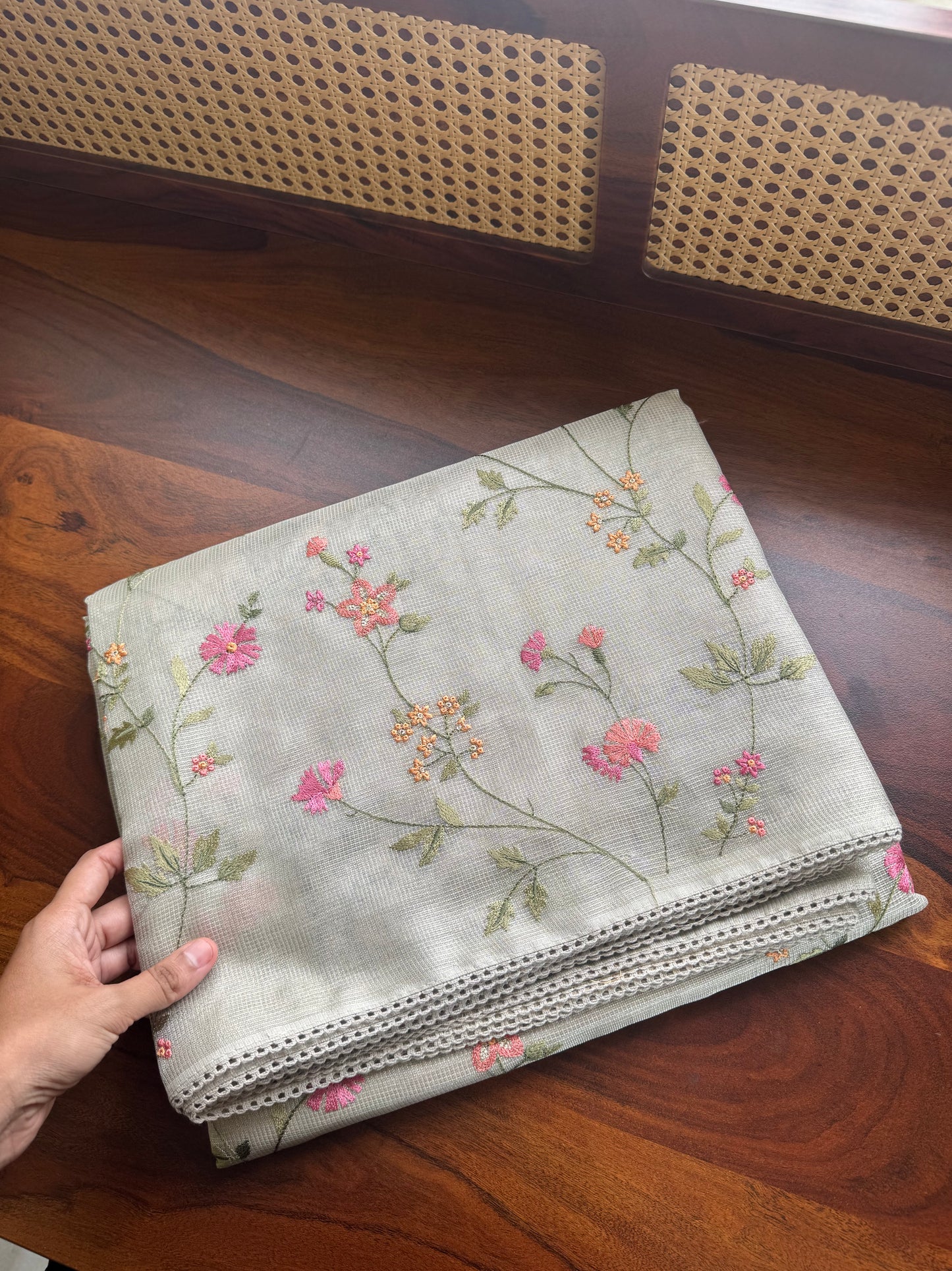 Floral Tissue Saree -Silver