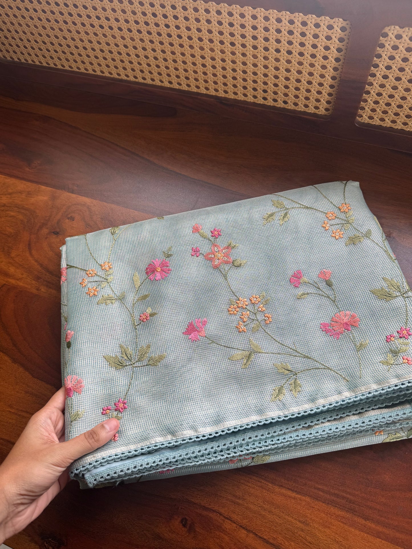 Floral Tissue Saree -Metallic Blue