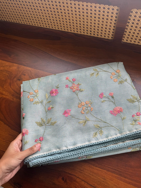 Floral Tissue Saree -Metallic Blue