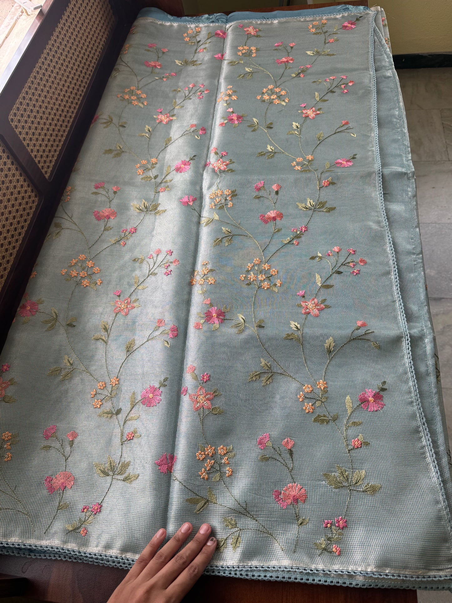 Floral Tissue Saree -Metallic Blue