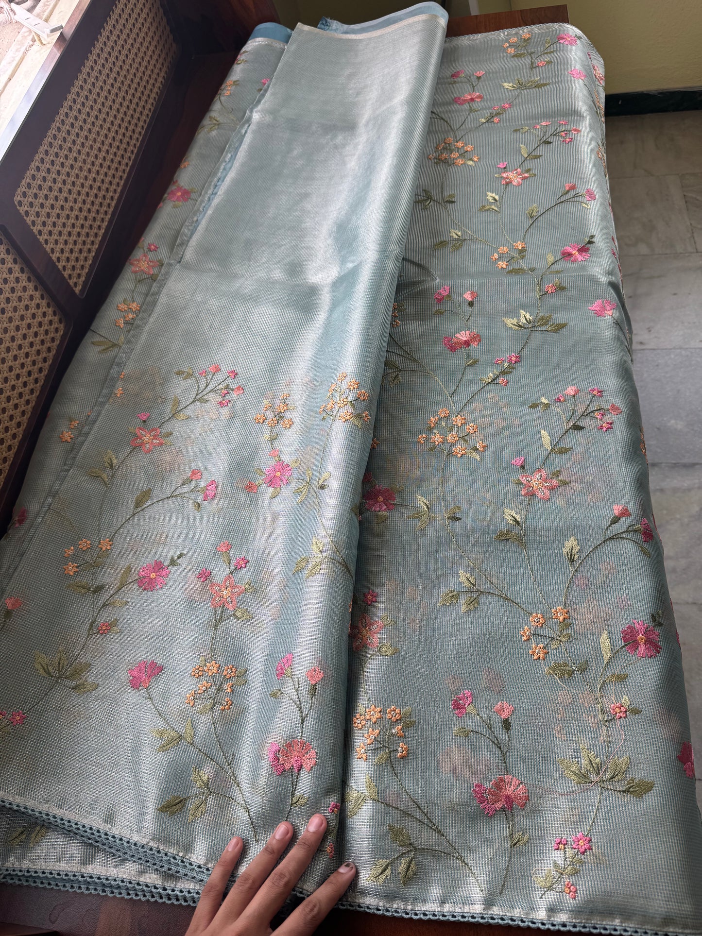 Floral Tissue Saree -Metallic Blue