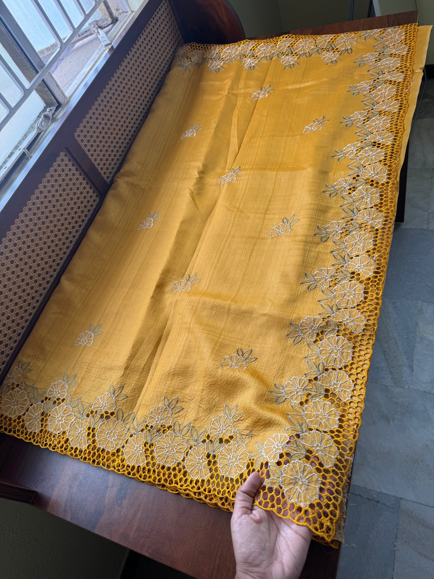 Cutwork Tussar Blend Saree - Yellow