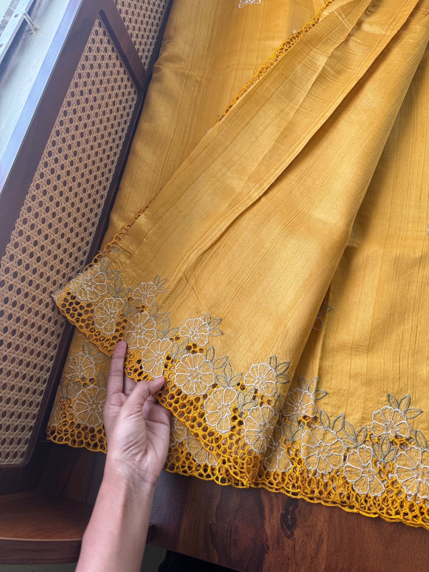 Cutwork Tussar Blend Saree - Yellow