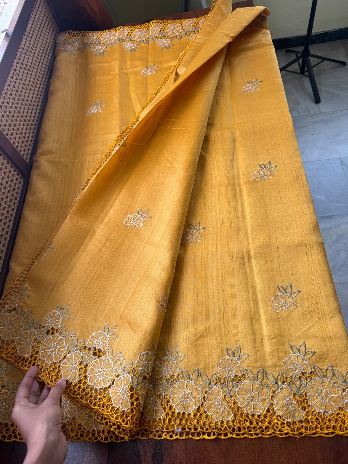 Cutwork Tussar Blend Saree - Yellow