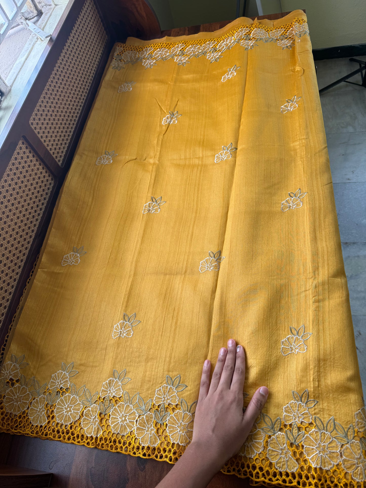 Cutwork Tussar Blend Saree - Yellow