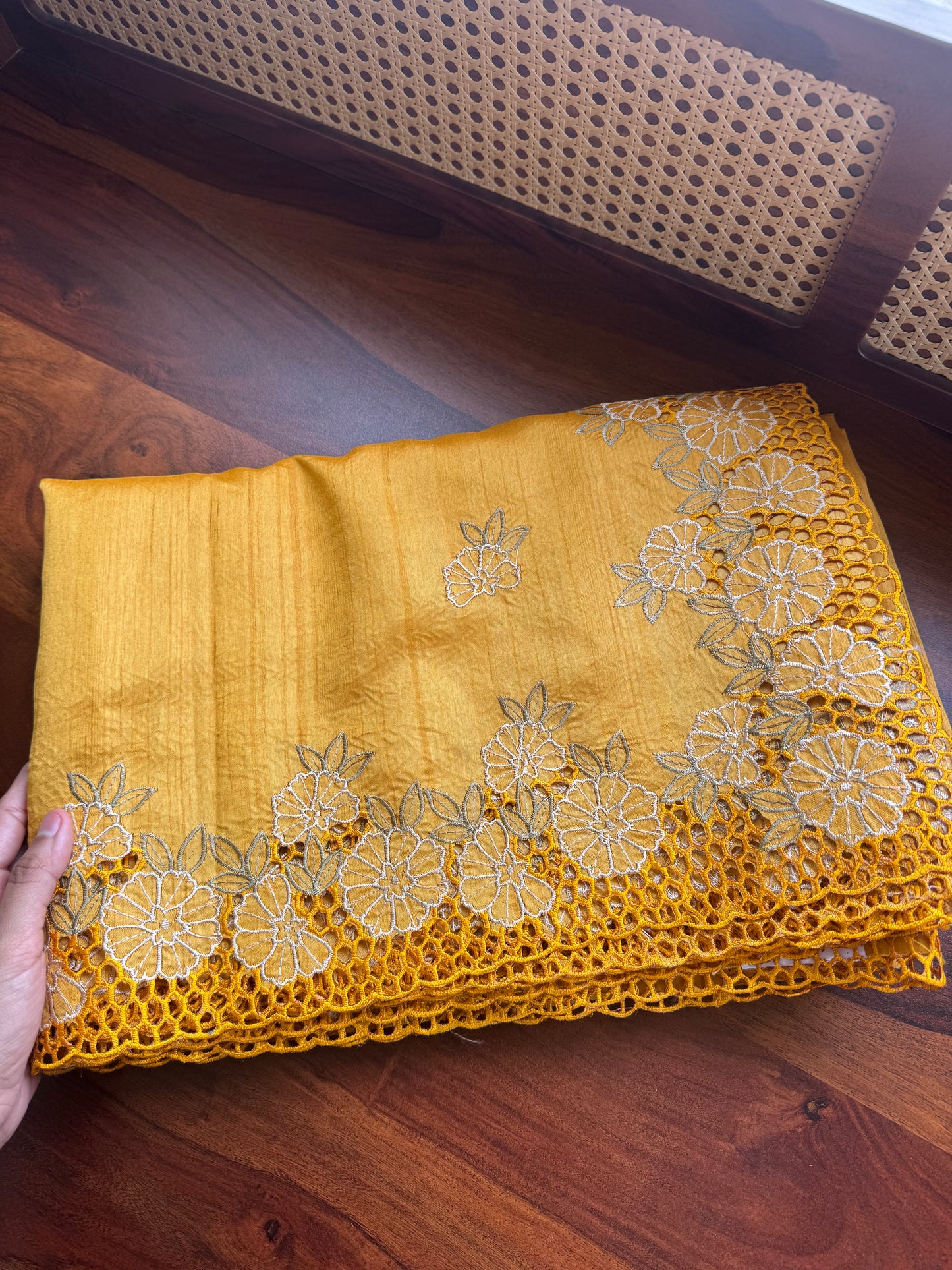Cutwork Tussar Blend Saree - Yellow