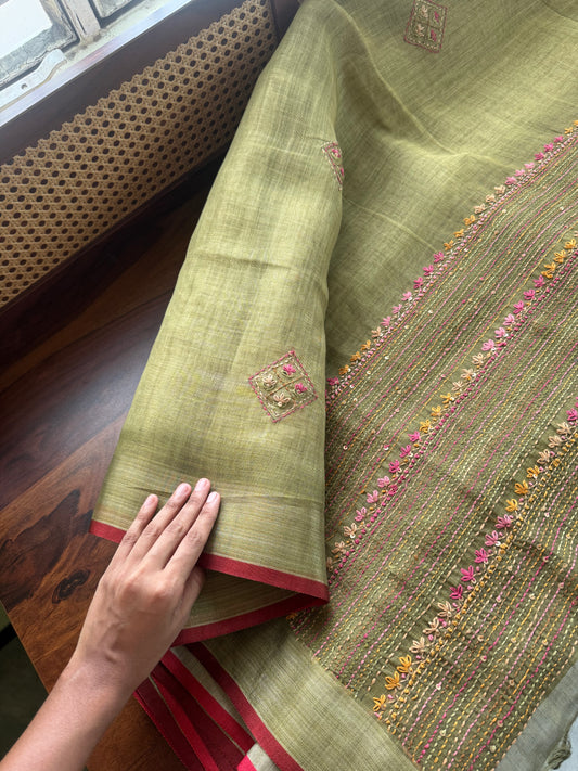 Premium Tissue Linen Sarees with heavy blouse - Green