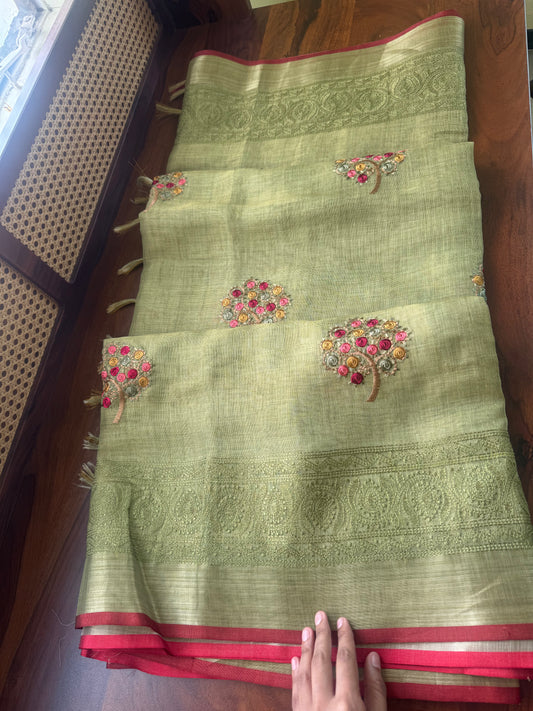 Premium Tissue Linen Sarees - Green