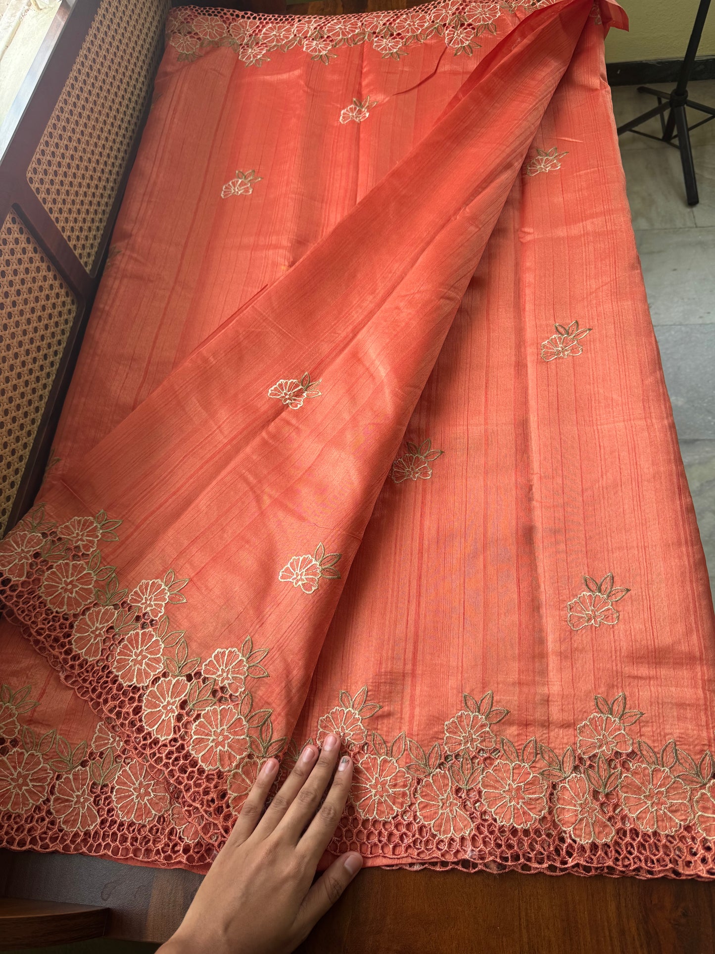 Cutwork Tussar Blend Saree - Orange