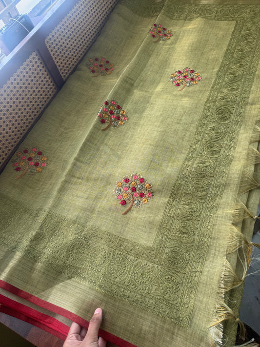 Premium Tissue Linen Sarees - Green