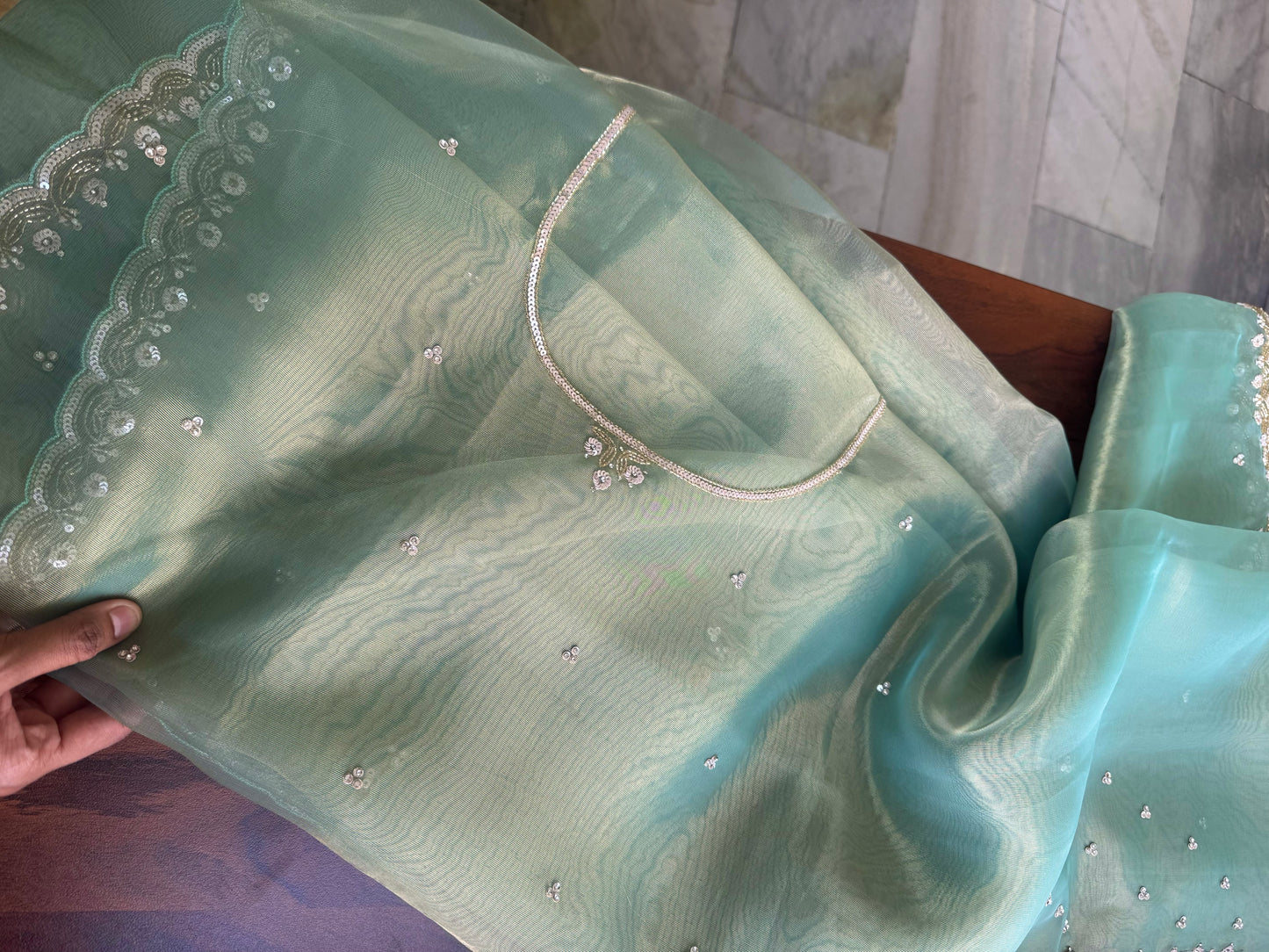 Luxe Tissue Saree with heavy blouse- Green