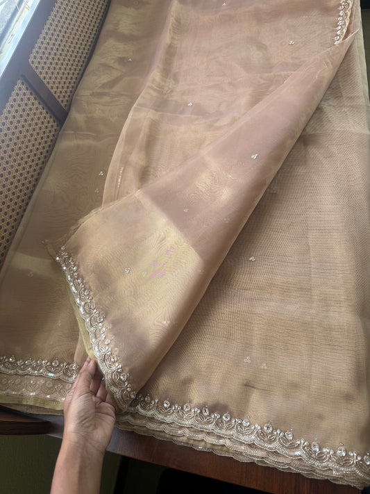 Luxe Tissue Saree with heavy blouse- Molten Golden