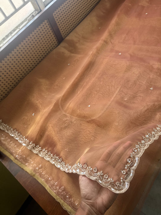 Luxe Tissue Saree with heavy blouse- Peach Golden