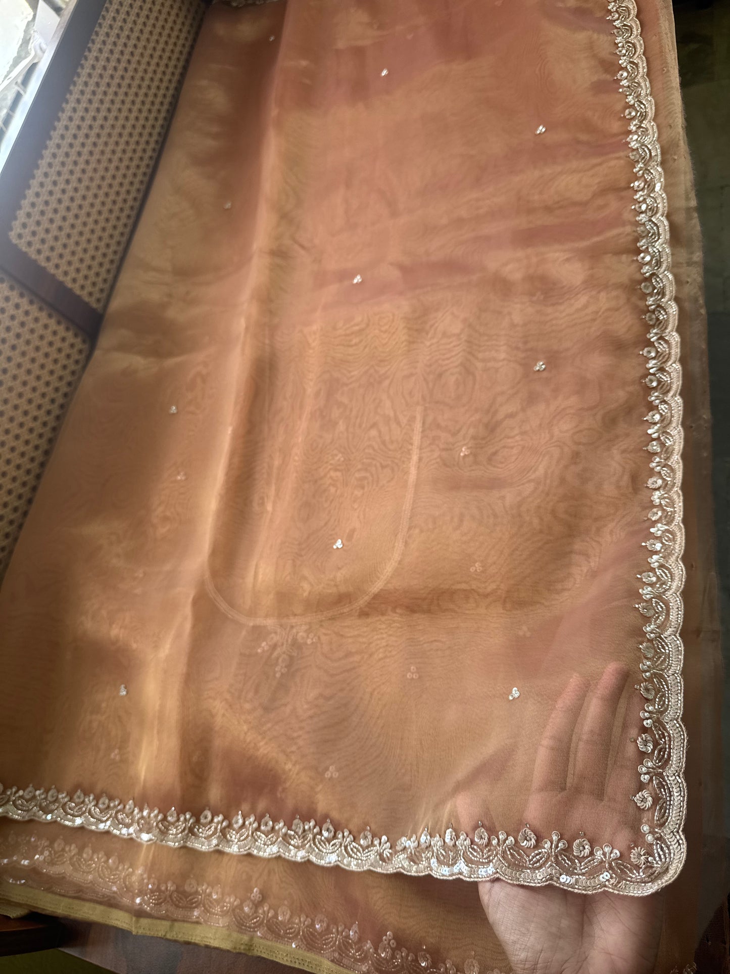Luxe Tissue Saree with heavy blouse- Peach Golden