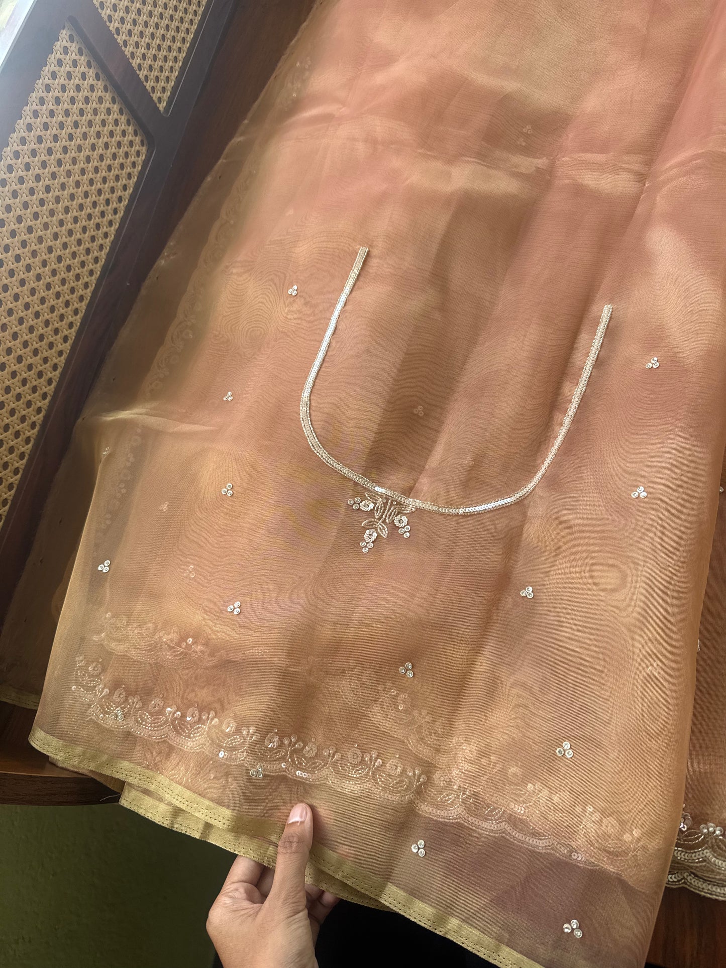 Luxe Tissue Saree with heavy blouse- Peach Golden