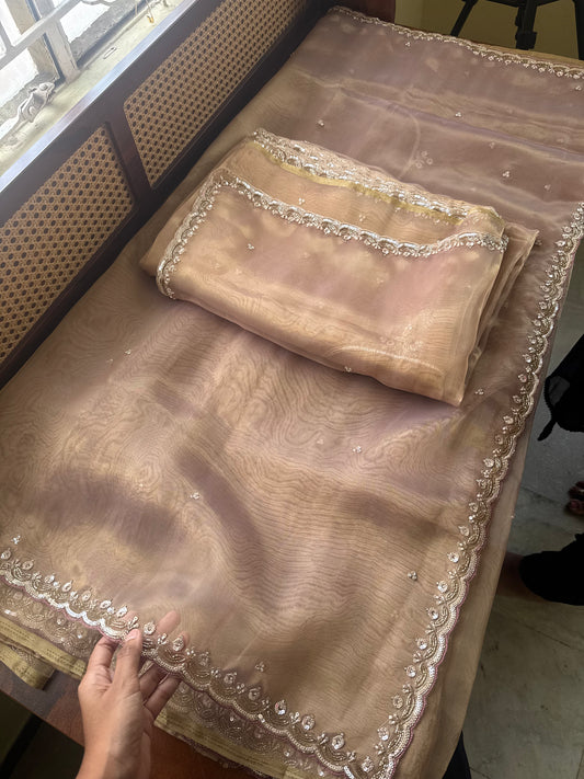Luxe Tissue Saree with heavy blouse- Mauve Golden