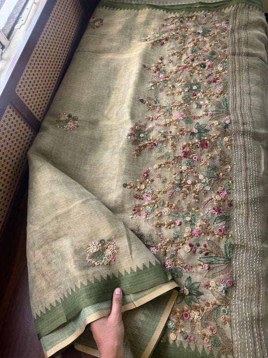 Premium Tissue Linen Sarees - Green