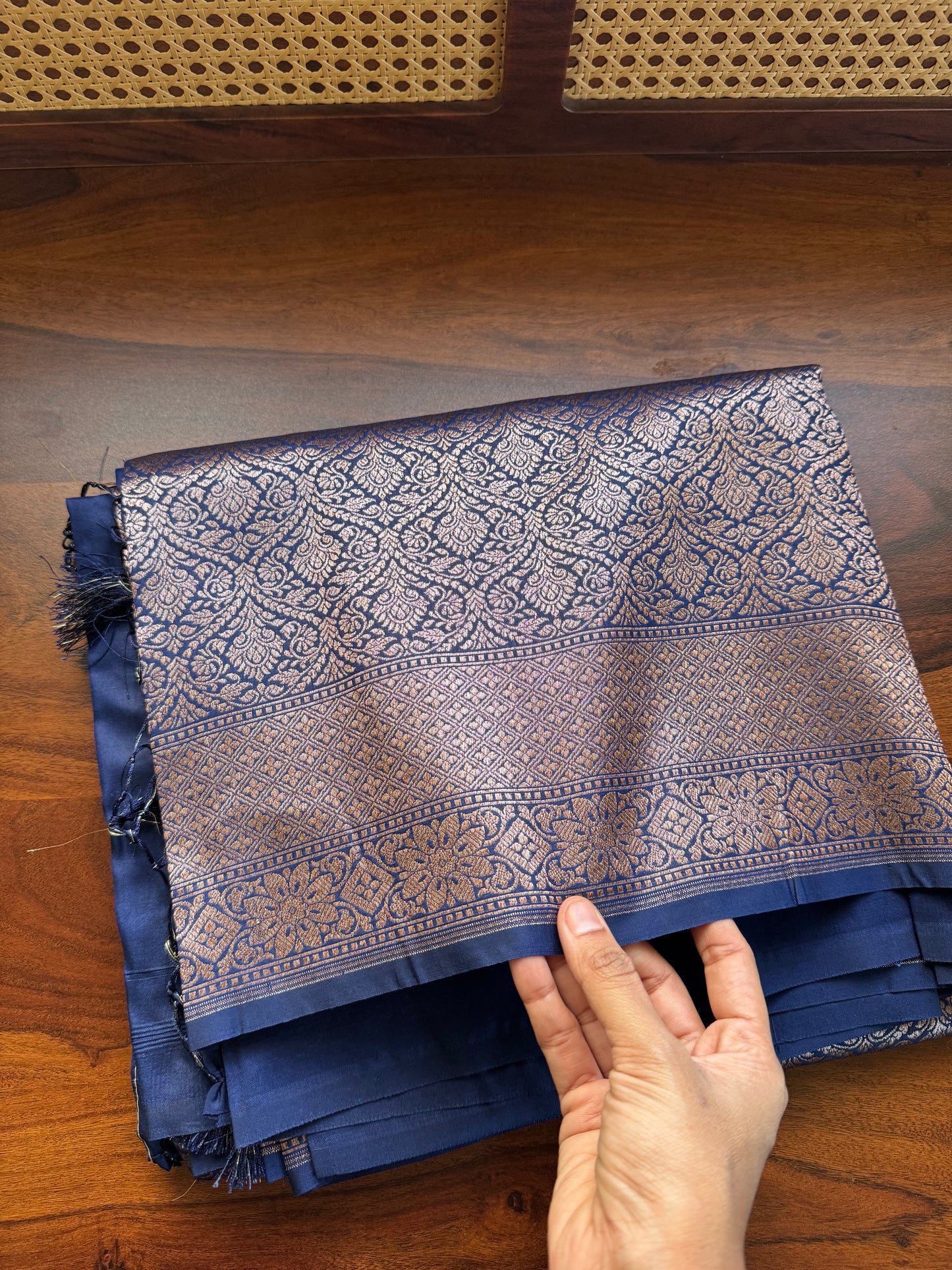 Premium Semi Banaras Saree - Navy Blue