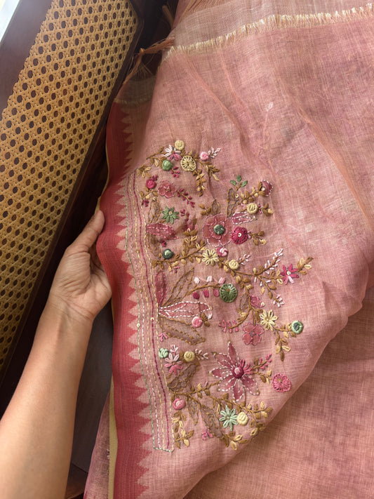 Premium Tissue Linen Sarees - Peach Pink